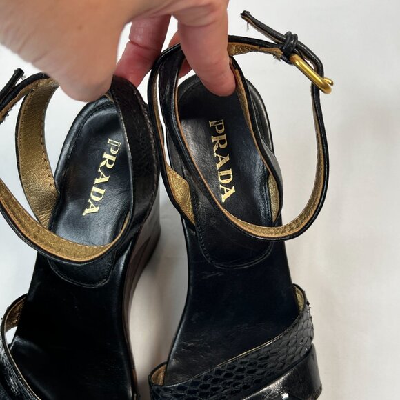 Prada Patchwork Wedges Retro Leather Wood Cork Y2K Boho Platform Heel Black 39.5 - Picture 11 of 16